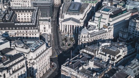 Aerial View Shot of London UK, The Royal Exchange Cornhill & Bank of England, Central London, United Kingdom nice day