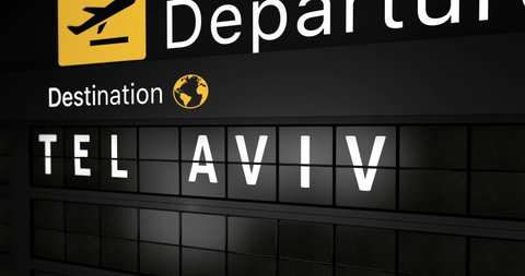 3D generated animation, analog flight information display board with the arrival city of Tel Aviv, 4 different animations