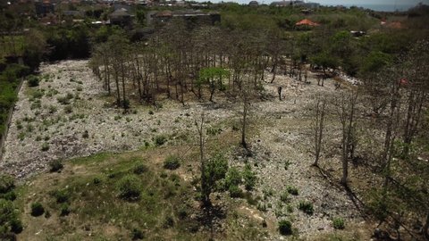 Video from drone forests with a lot of plastic debris and protective masks lying on the ground