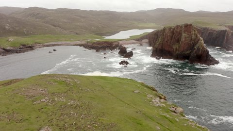 Drone shot of the dramatic Shetland Coastline Scotland.
