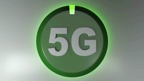 A green circle with a rotating green cursor and the write 5G - 3D rendering animation