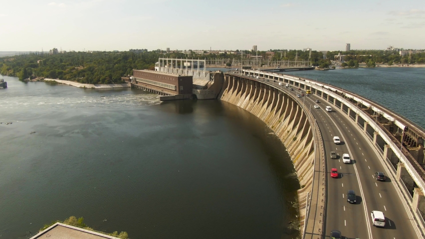 Close aerial shot of Dnieper Hydroelectric Station Dam located in Zaporozhzhye. The largest dam in Ukraine. 