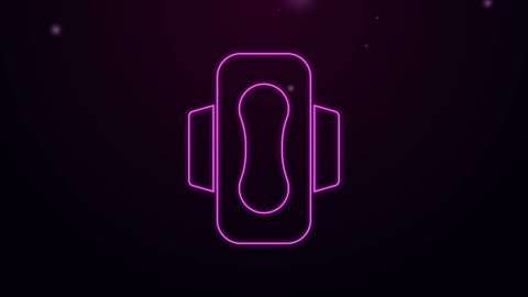 Glowing neon line Menstruation and sanitary napkin icon isolated on purple background. Feminine hygiene product. 4K Video motion graphic animation