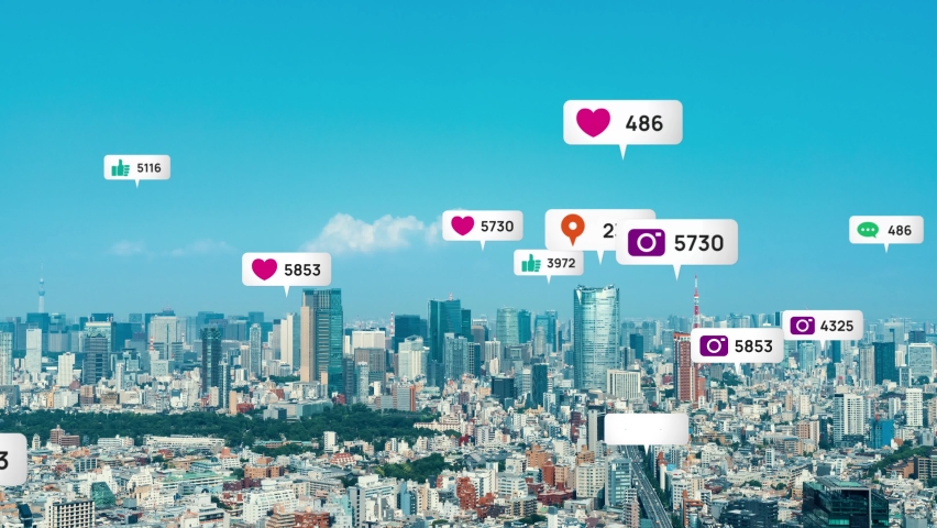 Notice balloons of social networking service pop-up above modern city. Social media. | Shutterstock HD Video #1060360574