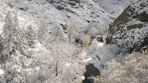 Aerial shot of the beautiful winter landscape along Clear Creek in Colorado USA