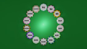 Price number chip poker random spinning on a green background., Casino online, blackjack game rules, Seamless 4K video