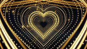 Golden background with design hearts in Loop, stage video background for nightclub, visual projection, music video, TV show, stage LED screens, party or fashion show.