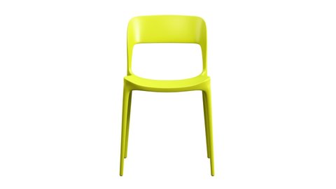 Circular animation of green plastic chair with thin legs. Curved mid-century chair on white background. Turntable 3d render