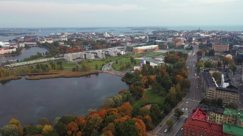 Aerial view of Töölö bay in Helsinki, Finland. Autumn cityscape.