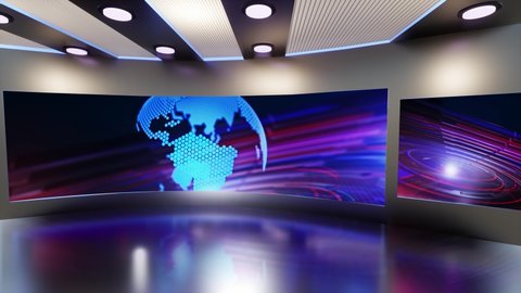 3D Virtual TV Studio News, global earth rotating Digital World News Studio Background for news report and breaking news	