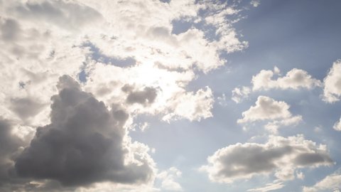 Timelapse of cumulus clouds covering sun bright sunbeam in sunny day sky. Clean energy or environmental conservation for world climate. Save energy for future generationNatural skycaps background. 