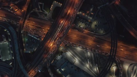 Scenic View of Multiple Lane Freeway Road at Night with Traffic Jam, Aerial Overhead Birds Eye View