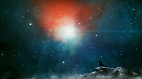 Magician standing in sci fi landscape on mountain, rock with fog and colorful nebula. Space digital painting. Elements furnished by NASA. 3D rendering