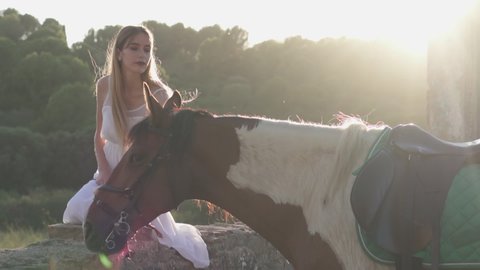 Woman gently touching a horse at sunset. Human kindness with animals. Domestic animal outdoors. Female in white dress caressing a horse in summer. Taking care of a horse