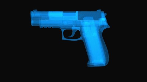 Handgun wireframe scheme. 3d render with blue grid lines. Loop rotation on black background.