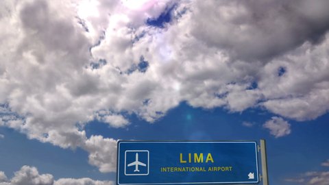 Jet plane landing in Lima, Peru. City arrival with airport direction sign. Travel, business, tourism and transport concept. 3D rendering animation.