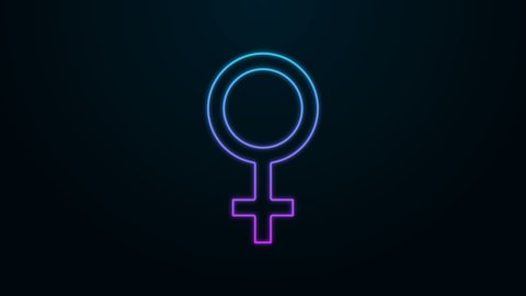 Glowing neon line Female gender symbol icon isolated on black background. Venus symbol. The symbol for a female organism or woman. 4K Video motion graphic animation