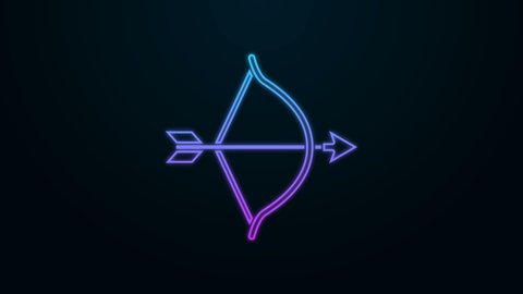 Glowing neon line Bow and arrow icon isolated on black background. Cupid symbol. Love sign. Valentines day concept. 4K Video motion graphic animation