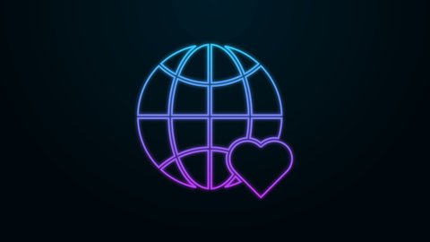 Glowing neon line The heart world - love icon isolated on black background. 4K Video motion graphic animation