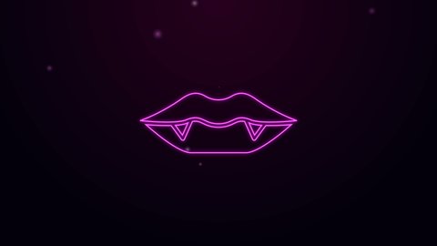 Glowing neon line Vampire teeth icon isolated on purple background. Happy Halloween party. 4K Video motion graphic animation