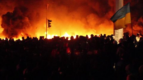 KIEV, UKRAINE December 30, 2014: Protesters set fire to barricades in Kiev. The revolution in Ukraine 04