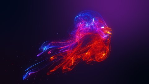 Futuristic jellyfish shape glow red blue colorful fluid particles wave flowing. 3D rendering de-focus abstract background
