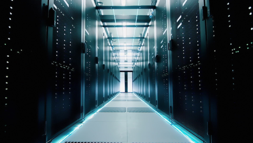 Network and data servers behind glass panels in a server room of a data center Royalty-Free Stock Footage #1060411651