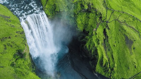 Waterfall River Iceland Epic Drone Shot Over Beautiful Waterfall Powerful Force Water Crashing Down Unstoppable Force Epic Scale Nature Travel Adventure