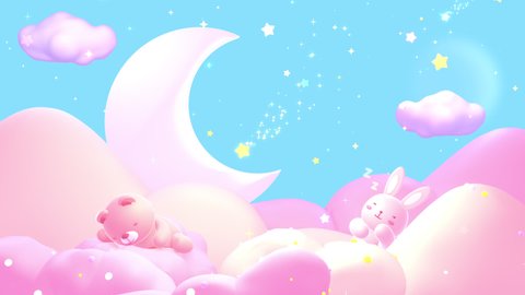 Looped cartoon baby animal dream animation. Cute bear and rabbit sleeping on pastel clouds at night with shooting stars falling in the sky.
