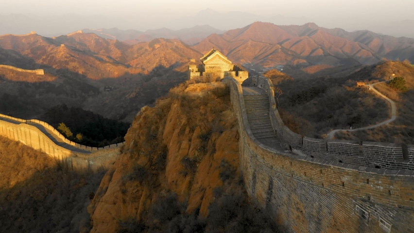 Flying over the Great Wall of China at Dawn