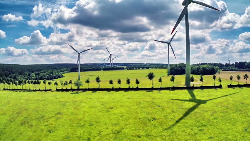 Aerial view of summer countryside with wind turbines and agricultural fields. Full HD, 1080p Royalty-Free Stock Footage #10604327
