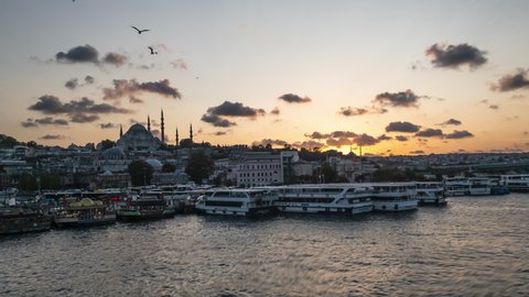 Istanbul Bosphorus Riverside with Boats and Mosque Silhouette Beautiful Sunset Time Lapse, ISTANBUL, TURKEY, SEPTEMBER 16th 2020