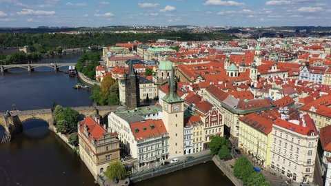 Prague scenic spring aerial view of the Prague Old Town pier architecture and Charles Bridge over Vltava river in Prague, Czechia. Old Town of Prague, Czech Republic.