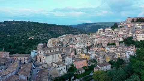 View of Ragusa (Ragusa Ibla), UNESCO heritage town on Italian island of Sicily. View from above of the city in Ragusa Ibla, Province of Ragusa, Val di Noto, Sicily, Italy. 