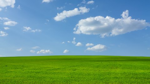 beautiful green meadow under a cloudy sky, rural agricultural landscape, time lapse scene
