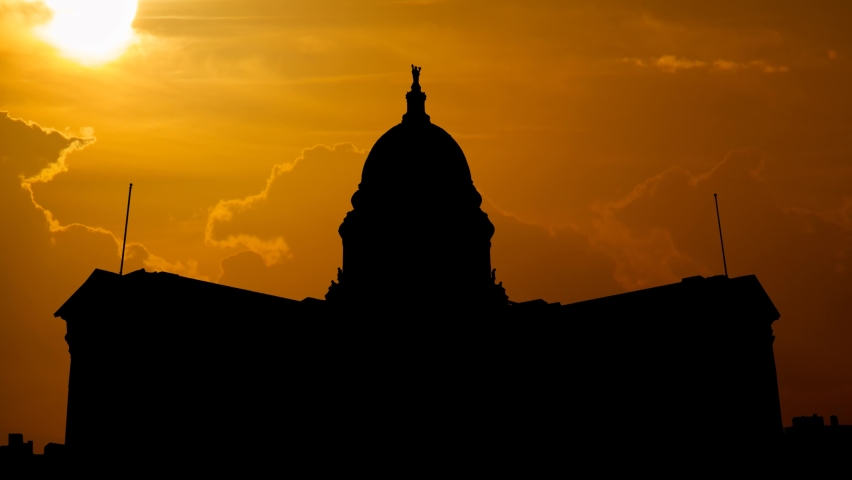 Wisconsin State Capitol Building at Sunset, Time Lapse with Red Sun and Fiery Sky, Madison, USA