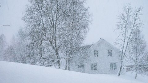 winter landscape with classic wooden house during hard snowfall at Norway countryside
