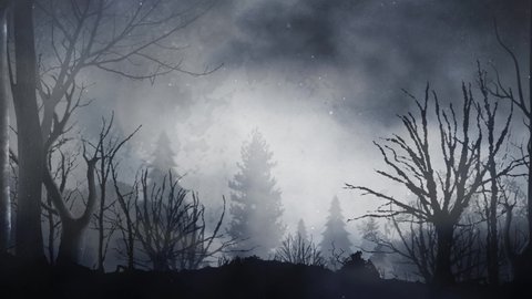 Black Forest Silhouette Full Moon and Bats 4K Loop features a camera view panning the silhouette of an old dark forest with a full moon behind and fog, smoke, and bats flying in a loop
