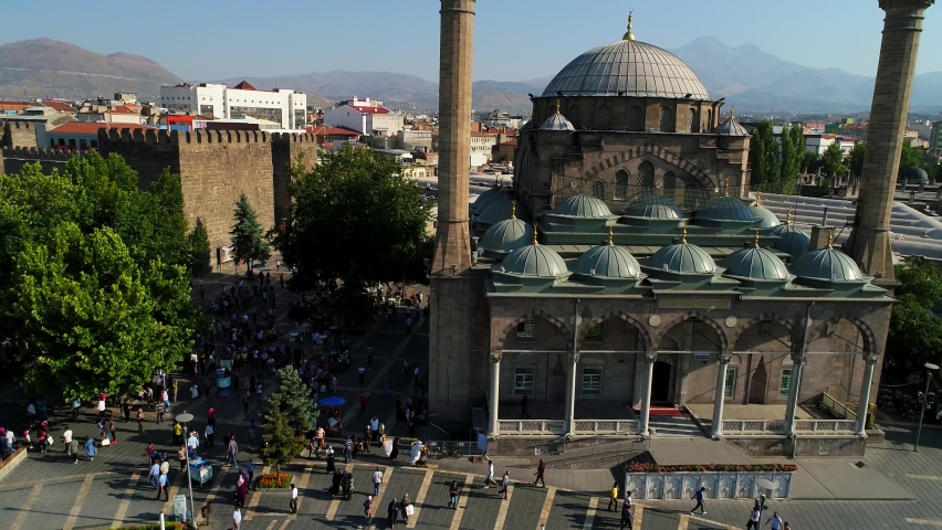 Aerial view of crowded Kayseri city center historic castle and historic bazaar center in the Turkey.