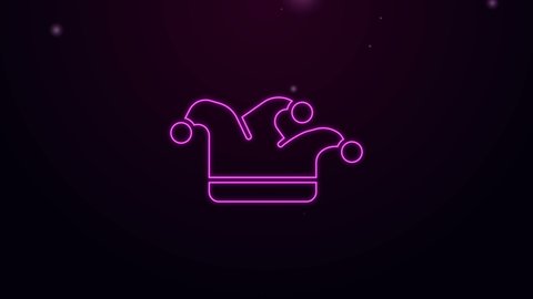 Glowing neon line Joker playing card icon isolated on purple background. Jester hat with bells. Casino gambling. 4K Video motion graphic animation
