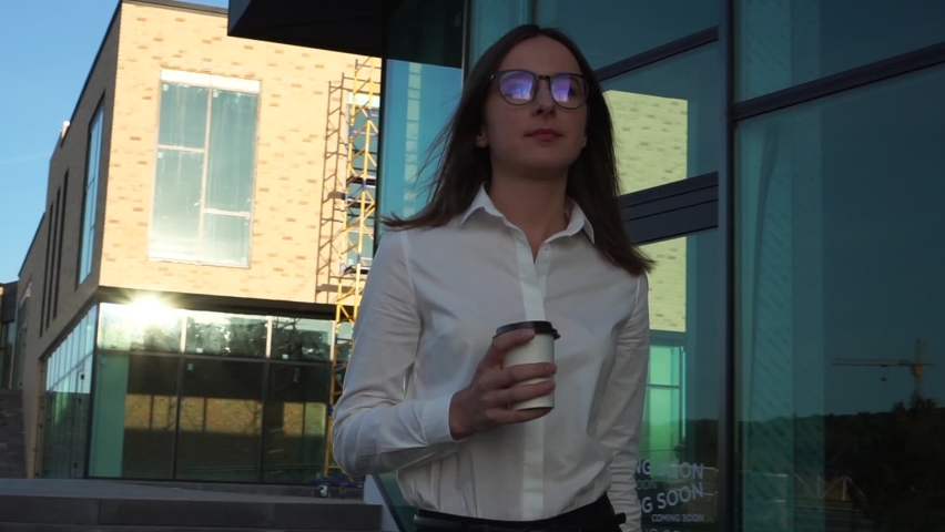 Confident business woman walking, independent female executive enjoying successful corporate career.
