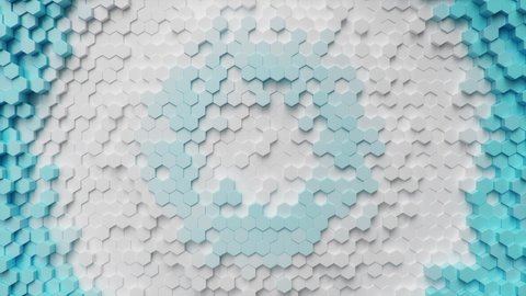Abstract white-blue futuristic hexagons surface pattern, honeycomb with offset effect. White-blue abstract sci-fi background. Hexagonal wall moving in waves. Looped Seamless 3D animation