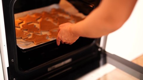 The chef puts gingerbread cookies in the oven.