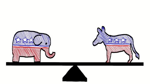 2d Animation motion graphics drawing of a Democrat donkey and Republican elephant balancing on seesaw on white and black screen in HD high definition.