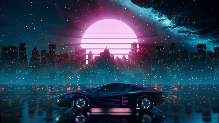 80s retro futuristic drive seamless loop with vintage car. Stylized sci-fi city landscape in outrun VJ style, night sky.  3D animation background  | Shutterstock HD Video #1060450693