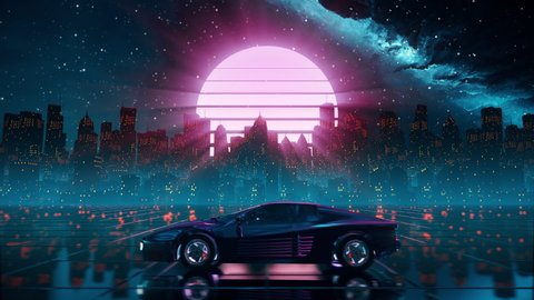 80s retro futuristic drive seamless loop with vintage car. Stylized sci-fi city landscape in outrun VJ style, night sky.  3D animation background 