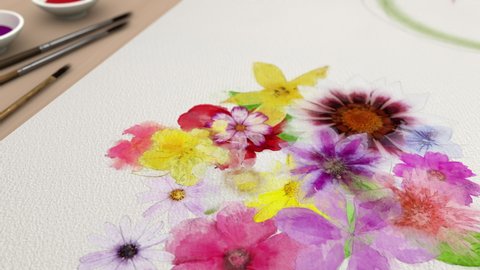 Flowers are drawn on white paper , watercolor style , colorful