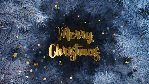 New year and Christmas 2021, 2022. Mobile gold inscription MERRY CHRISTMAS on the background of blue Christmas tree branches with gold and frozen snowflakes. 4K 3D loop animation