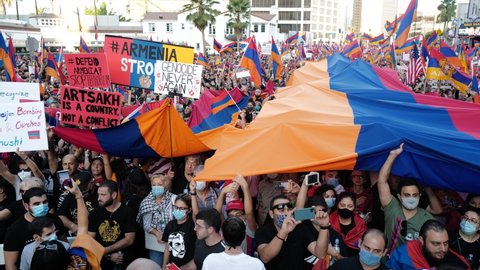Los Angeles, California, USA - October 2020: Armenians protest in USA against war in Artsakh. Nagorno-Karabakh region. The Armenian diaspora held a protest against aggression of Azerbaijan in Artsakh