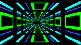 Flying through a futuristic neon tunnel. Seamless loop animation.